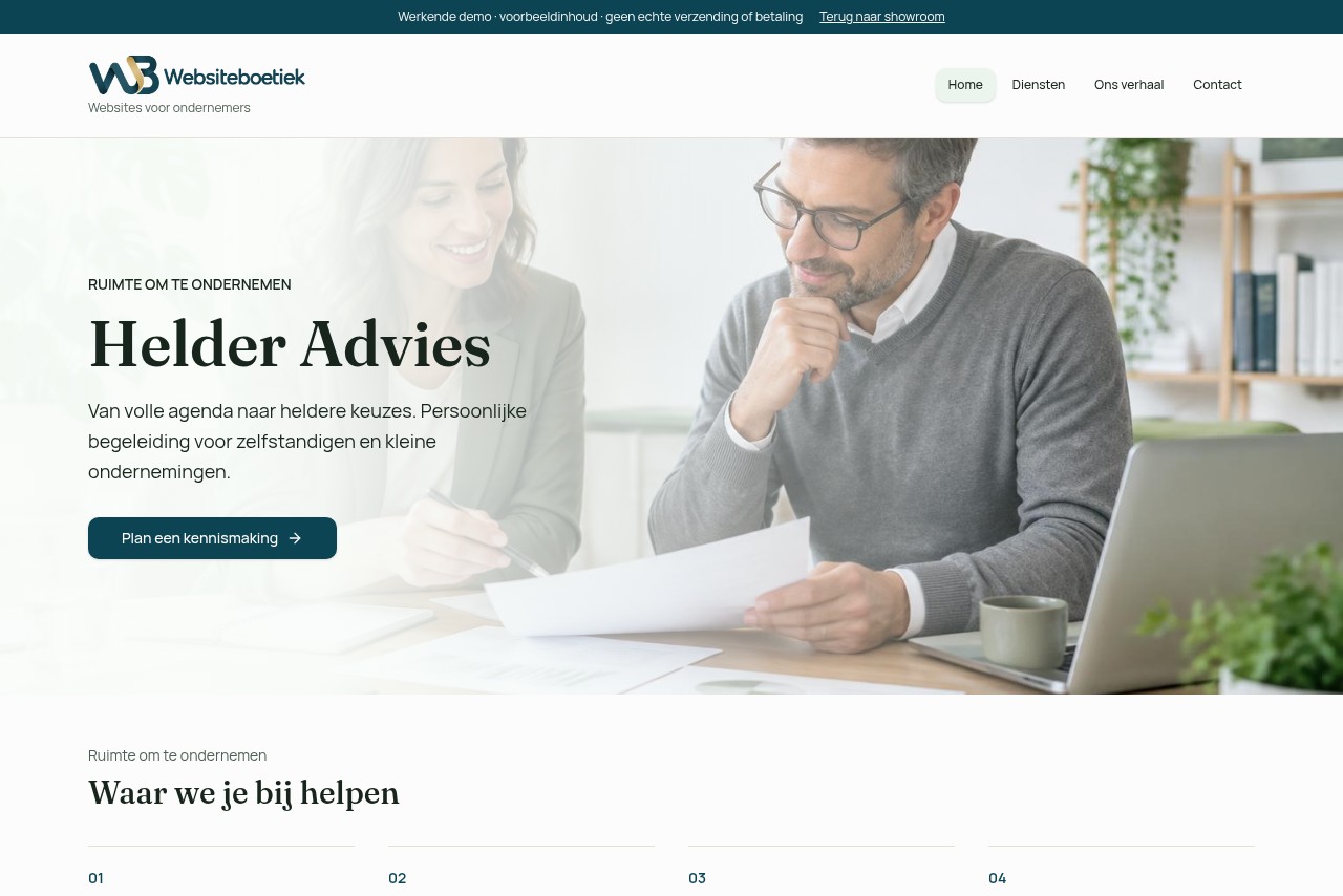 Schermafbeelding van de werkende Helder Advies-demo met Websiteboetiek-logo