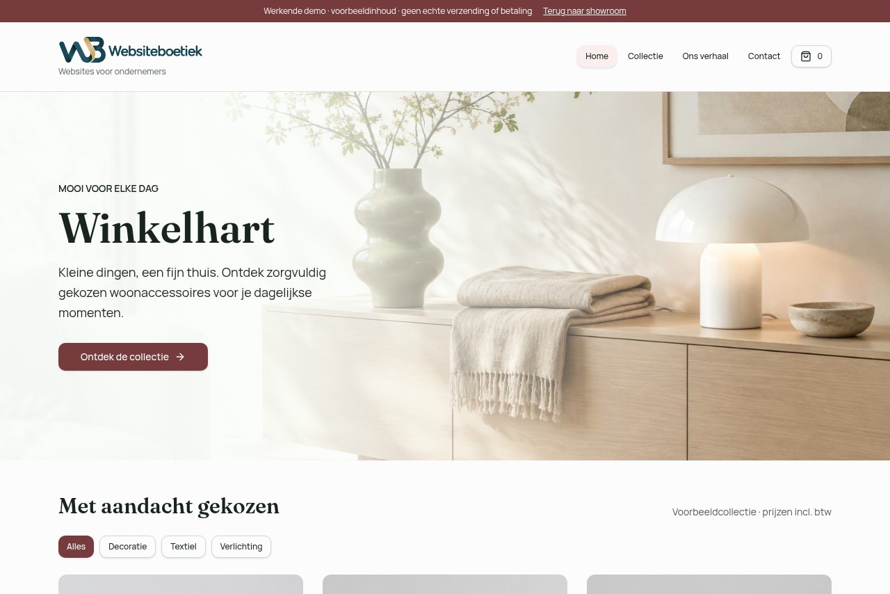 Schermafbeelding van de werkende Winkelhart-webshopdemo met Websiteboetiek-logo
