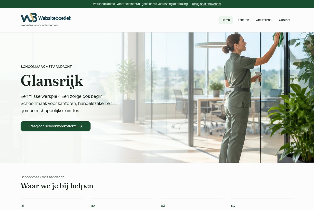 Schermafbeelding van de werkende Glansrijk-demo met Websiteboetiek-logo